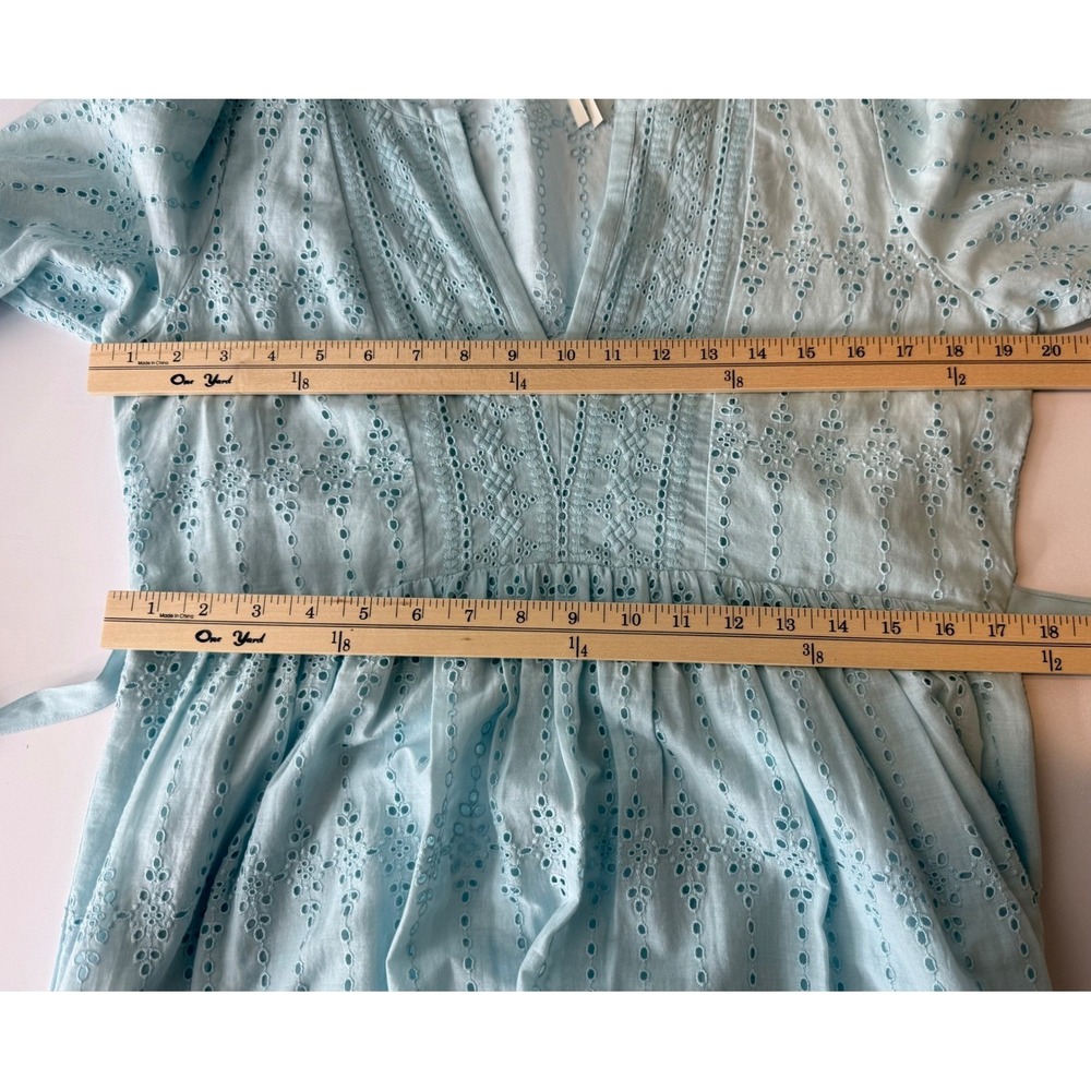 Anthropologie Eyelet Mini Dress Womens Size 6 Light Blue V-Neck Long Sleeve Boho - Picture 6 of 8